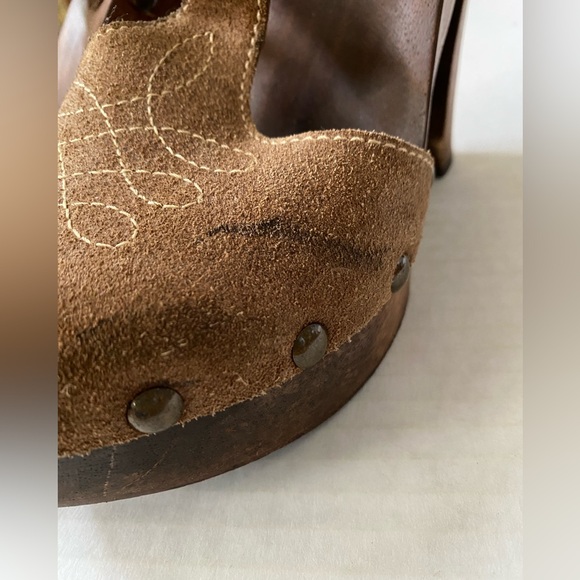 KORS Michael Kors Mary Jane Tan Suede Wood Platform Clog Sandal Size 8 1/2 - Picture 7 of 14